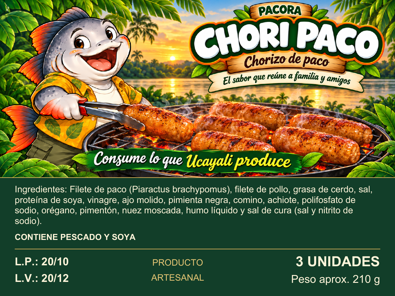Etiqueta Chori Paco, 3 unidades y 210 g aproximados, con el personaje preparando chorizos a la parrilla