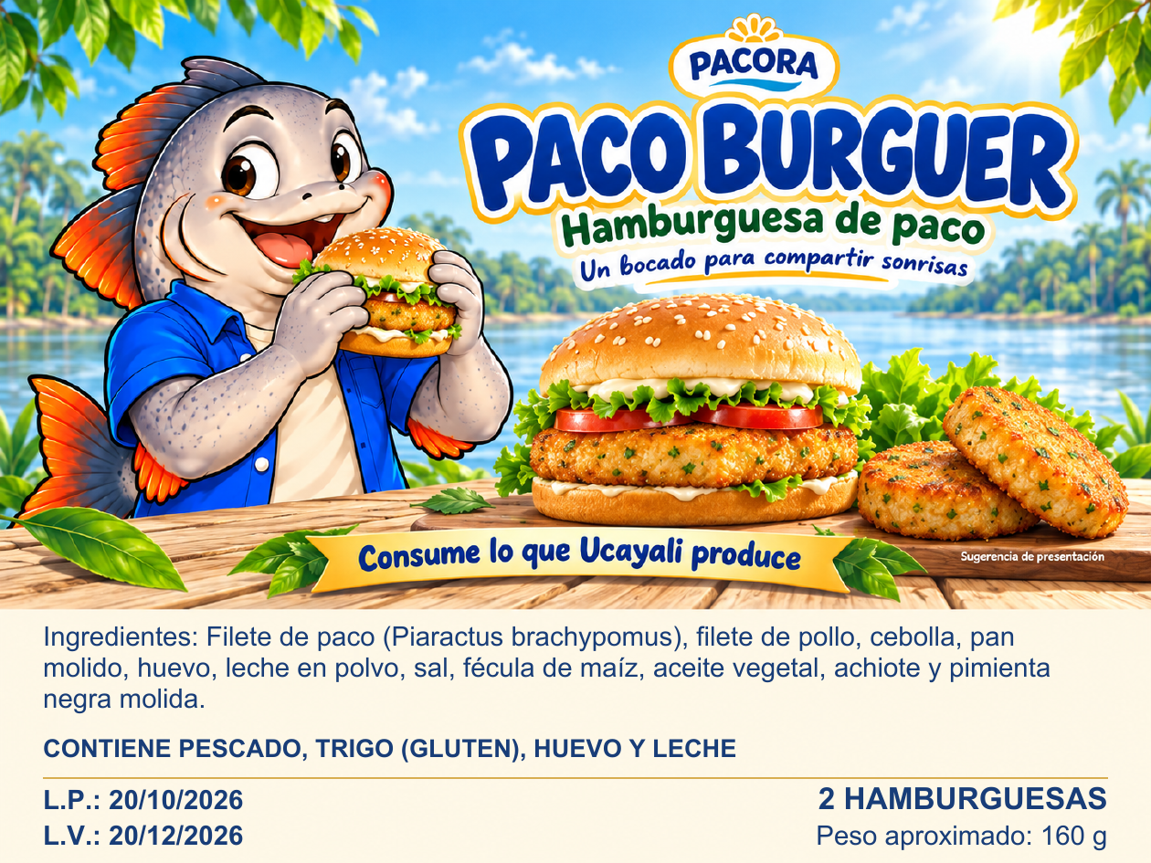 Etiqueta de Paco Burguer, con su personaje de camisa azul disfrutando de una hamburguesa